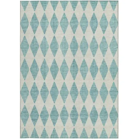 Teal Blue And Ivory Geometric Washable Indoor Outdoor Area Rug Photo 5