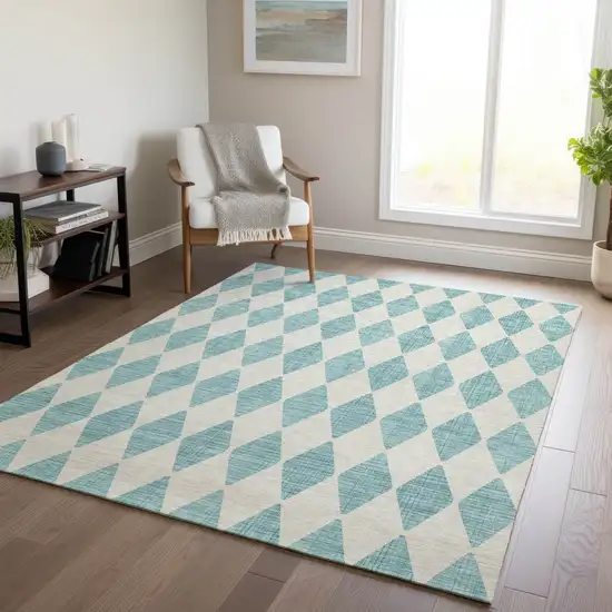 Teal Blue And Ivory Geometric Washable Indoor Outdoor Area Rug Photo 7