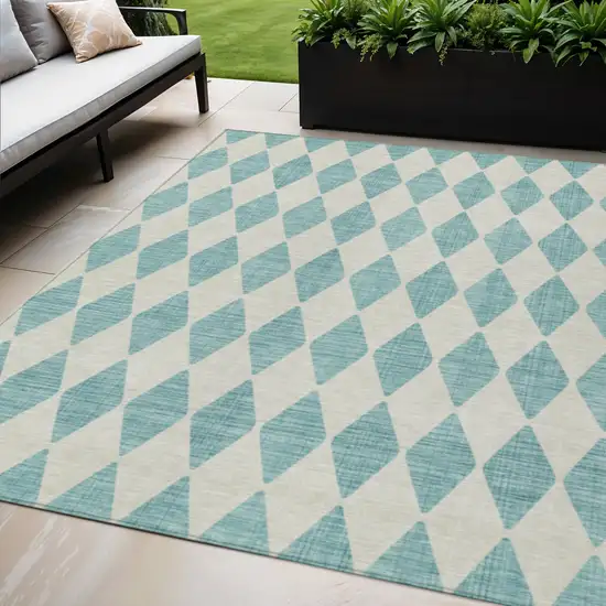 Teal Blue Geometric Washable Indoor Outdoor Area Rug Photo 1