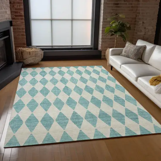 Teal Blue Geometric Washable Indoor Outdoor Area Rug Photo 8