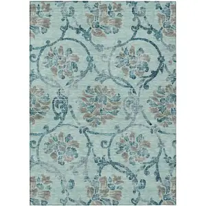 Photo of Teal Blue Gray And Aqua Floral Washable Indoor Outdoor Area Rug