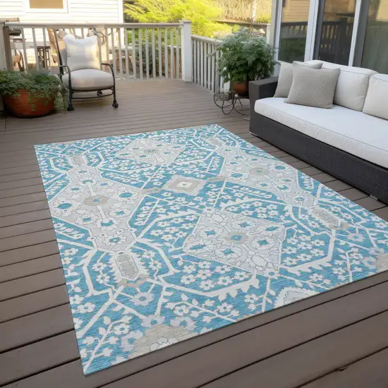 Teal Blue Gray And Beige Floral Washable Indoor Outdoor Area Rug Photo 9