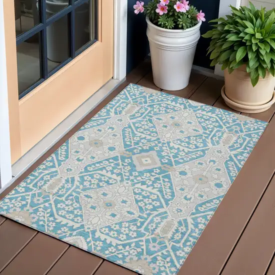 Teal Blue Gray And Beige Floral Washable Indoor Outdoor Area Rug Photo 1