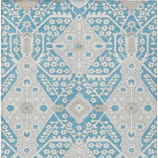 Teal Blue Gray And Beige Floral Washable Indoor Outdoor Area Rug Photo 7