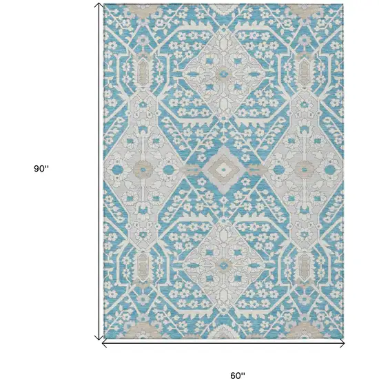 Teal Blue Gray And Beige Floral Washable Indoor Outdoor Area Rug Photo 3