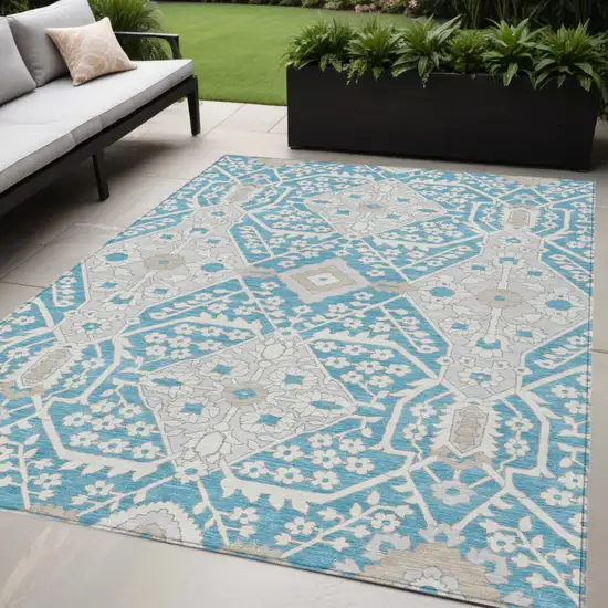 Teal Blue Gray And Beige Floral Washable Indoor Outdoor Area Rug Photo 1