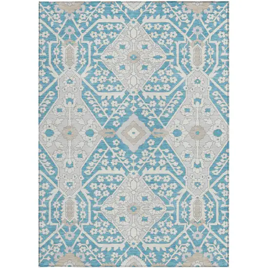 Teal Blue Gray And Beige Floral Washable Indoor Outdoor Area Rug Photo 8