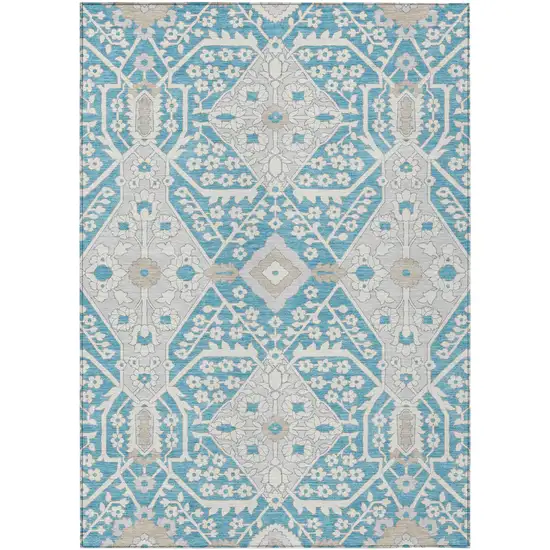 Teal Blue Gray And Beige Floral Washable Indoor Outdoor Area Rug Photo 2