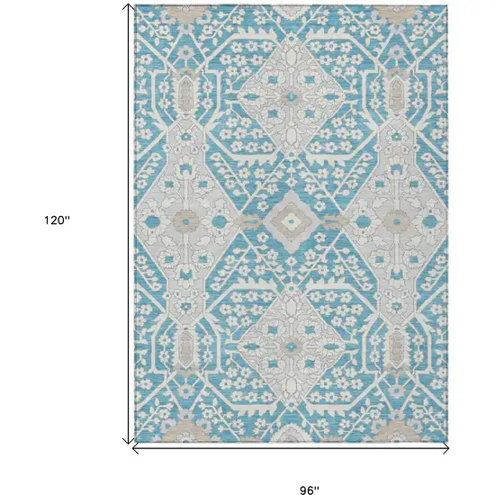 Teal Blue Gray And Beige Floral Washable Indoor Outdoor Area Rug Photo 3