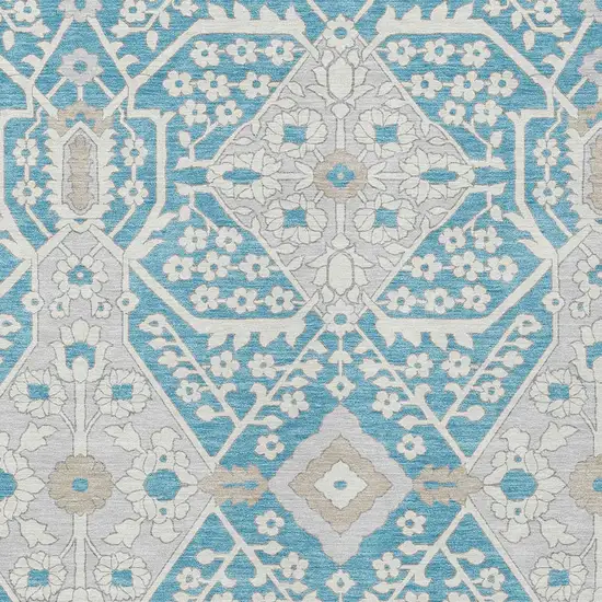 Teal Blue Gray And Beige Floral Washable Indoor Outdoor Area Rug Photo 6