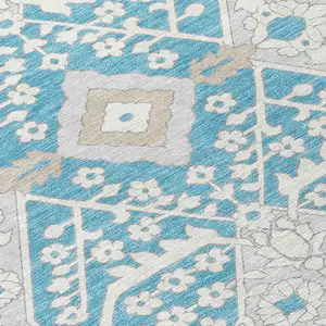 Photo of Teal Blue Gray And Beige Floral Washable Indoor Outdoor Area Rug