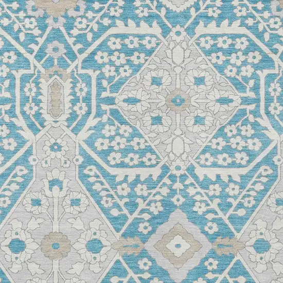 Teal Blue Gray And Beige Floral Washable Indoor Outdoor Area Rug Photo 6