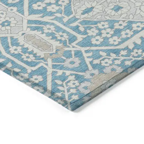 Teal Blue Gray And Beige Floral Washable Indoor Outdoor Area Rug Photo 5