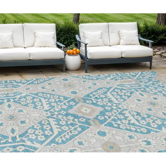 Teal Blue Gray And Beige Floral Washable Indoor Outdoor Area Rug Photo 1