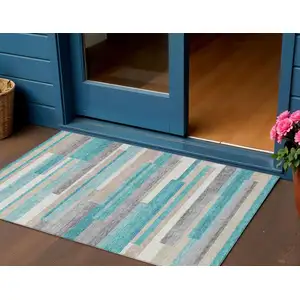 Photo of Teal Blue Gray And Beige Striped Washable Indoor Outdoor Area Rug