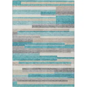 Photo of Teal Blue Gray And Beige Striped Washable Indoor Outdoor Area Rug