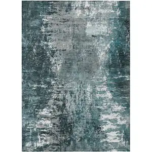 Photo of Teal Blue Gray And Charcoal Abstract Washable Indoor Outdoor Area Rug