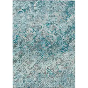 Photo of Teal Blue Gray And Charcoal Geometric Washable Indoor Outdoor Area Rug