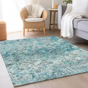 Photo of Teal Blue Gray And Charcoal Geometric Washable Indoor Outdoor Area Rug