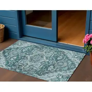 Photo of Teal Blue Gray And Charcoal Oriental Washable Indoor Outdoor Area Rug