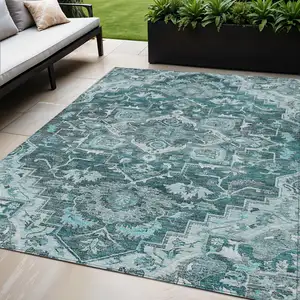 Photo of Teal Blue Gray And Charcoal Oriental Washable Indoor Outdoor Area Rug