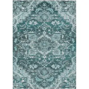 Photo of Teal Blue Gray And Charcoal Oriental Washable Indoor Outdoor Area Rug