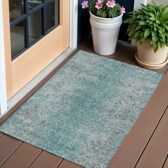 Teal Blue Gray And Charcoal Oriental Washable Indoor Outdoor Area Rug Photo 1