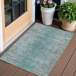 Photo of Teal Blue Gray And Charcoal Oriental Washable Indoor Outdoor Area Rug