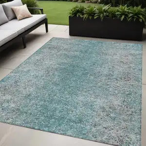 Photo of Teal Blue Gray And Charcoal Oriental Washable Indoor Outdoor Area Rug