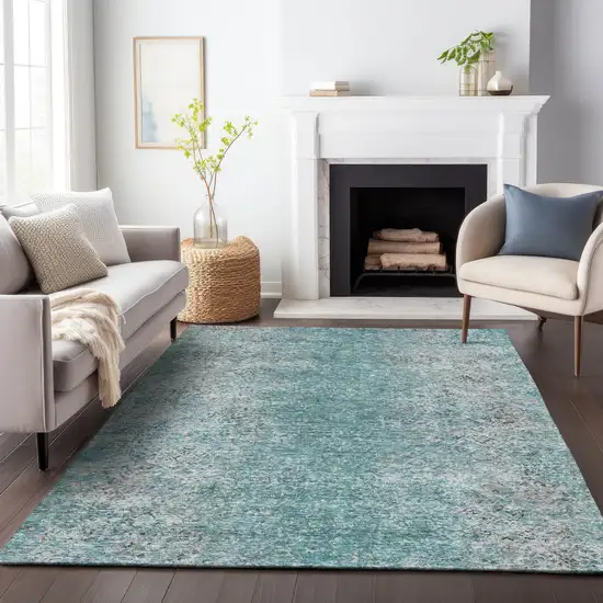 Teal Blue Gray And Charcoal Oriental Washable Indoor Outdoor Area Rug Photo 9