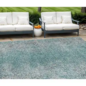 Photo of Teal Blue Gray And Charcoal Oriental Washable Indoor Outdoor Area Rug