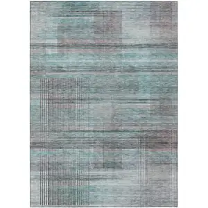 Photo of Teal Blue Gray And Charcoal Striped Washable Indoor Outdoor Area Rug