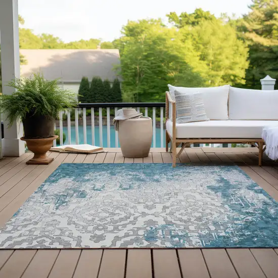 Teal Blue Gray And Ivory Medallion Washable Indoor Outdoor Area Rug Photo 9