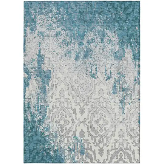 Teal Blue Gray And Ivory Medallion Washable Indoor Outdoor Area Rug Photo 4