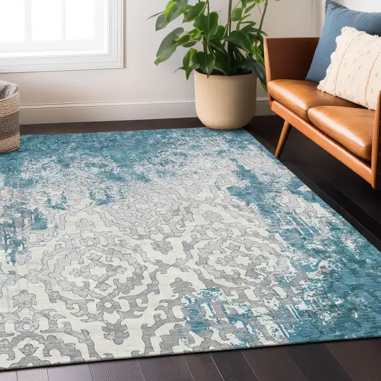 Teal Blue Gray And Ivory Medallion Washable Indoor Outdoor Area Rug Photo 7