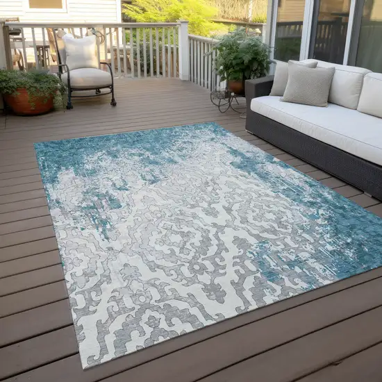 Teal Blue Gray And Ivory Medallion Washable Indoor Outdoor Area Rug Photo 6