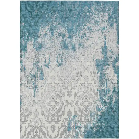 Teal Blue Gray And Ivory Medallion Washable Indoor Outdoor Area Rug Photo 1