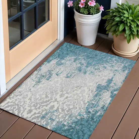 Teal Blue Gray And Ivory Medallion Washable Indoor Outdoor Area Rug Photo 2