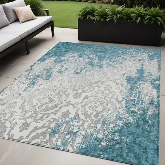 Teal Blue Gray And Ivory Medallion Washable Indoor Outdoor Area Rug Photo 1