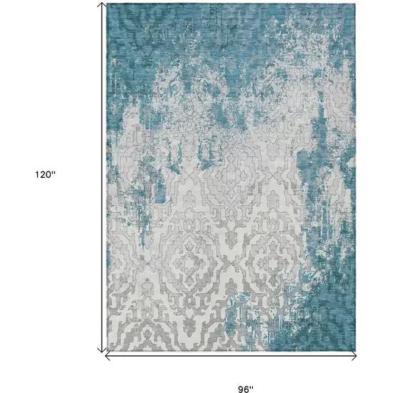 Teal Blue Gray And Ivory Medallion Washable Indoor Outdoor Area Rug Photo 3