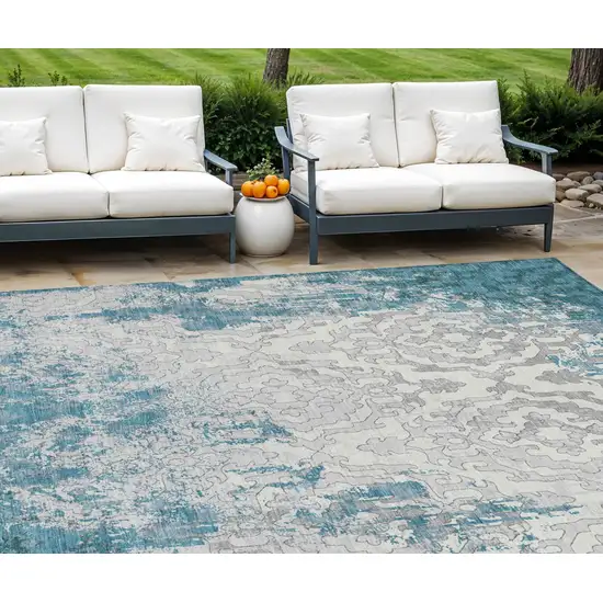 Teal Blue Gray And Ivory Medallion Washable Indoor Outdoor Area Rug Photo 1