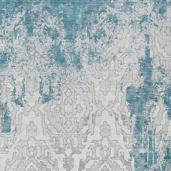 Teal Blue Gray And Ivory Medallion Washable Indoor Outdoor Area Rug Photo 5