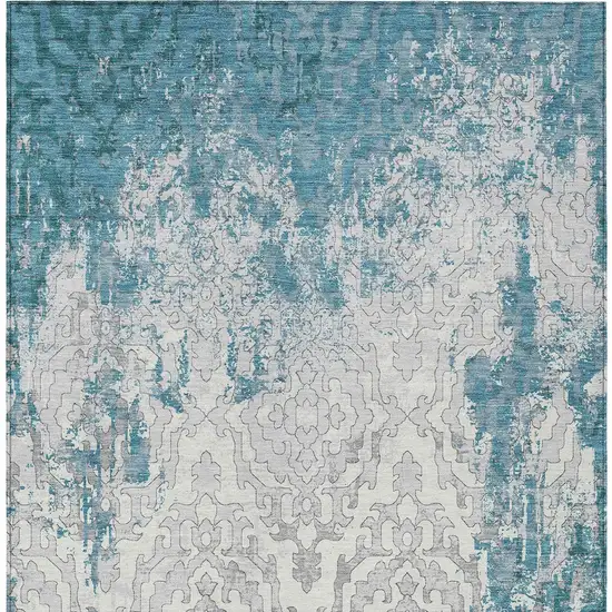 Teal Blue Gray And Ivory Medallion Washable Indoor Outdoor Area Rug Photo 6