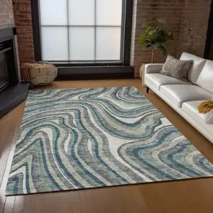 Photo of Teal Blue Gray And Taupe Abstract Washable Indoor Outdoor Area Rug