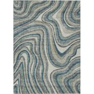 Photo of Teal Blue Gray And Taupe Abstract Washable Indoor Outdoor Area Rug