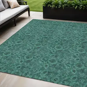 Photo of Teal Blue Green And Charcoal Floral Washable Indoor Outdoor Area Rug