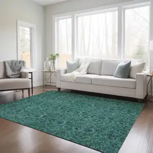 Photo of Teal Blue Green And Charcoal Floral Washable Indoor Outdoor Area Rug