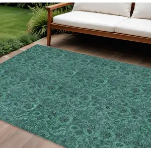 Photo of Teal Blue Green And Charcoal Floral Washable Indoor Outdoor Area Rug