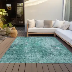 Photo of Teal Blue Green And Gray Abstract Washable Indoor Outdoor Area Rug