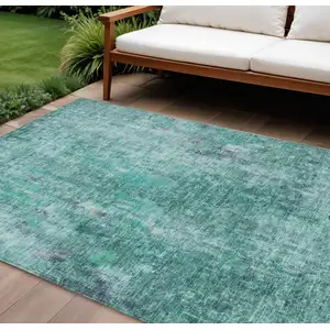 Photo of Teal Blue Green And Gray Abstract Washable Indoor Outdoor Area Rug